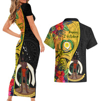 Vanuatu Torba Day Couples Matching Short Sleeve Bodycon Dress and Hawaiian Shirt Coat Of Arms Mix Tropical Flowers LT14 - Polynesian Pride