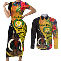 Vanuatu Torba Day Couples Matching Short Sleeve Bodycon Dress and Long Sleeve Button Shirts Coat Of Arms Mix Tropical Flowers LT14 Black - Polynesian Pride