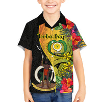 Vanuatu Torba Day Family Matching Long Sleeve Bodycon Dress and Hawaiian Shirt Coat Of Arms Mix Tropical Flowers LT14 Son's Shirt Black - Polynesian Pride