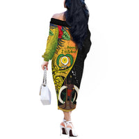 Vanuatu Torba Day Off The Shoulder Long Sleeve Dress Coat Of Arms Mix Tropical Flowers LT14 - Polynesian Pride