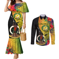 Personalised Vanuatu Torba Day Couples Matching Mermaid Dress and Long Sleeve Button Shirts Coat Of Arms Mix Tropical Flowers LT14 Black - Polynesian Pride