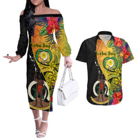 Personalised Vanuatu Torba Day Couples Matching Off The Shoulder Long Sleeve Dress and Hawaiian Shirt Coat Of Arms Mix Tropical Flowers LT14 Black - Polynesian Pride