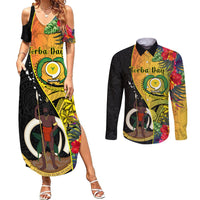 Personalised Vanuatu Torba Day Couples Matching Summer Maxi Dress and Long Sleeve Button Shirts Coat Of Arms Mix Tropical Flowers LT14 Black - Polynesian Pride