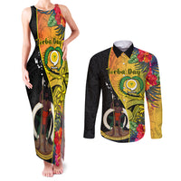 Personalised Vanuatu Torba Day Couples Matching Tank Maxi Dress and Long Sleeve Button Shirts Coat Of Arms Mix Tropical Flowers LT14 Black - Polynesian Pride