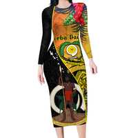 Personalised Vanuatu Torba Day Family Matching Long Sleeve Bodycon Dress and Hawaiian Shirt Coat Of Arms Mix Tropical Flowers LT14 Mom's Dress Black - Polynesian Pride