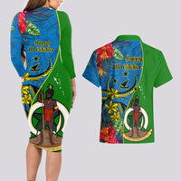 Vanuatu Malampa Day Couples Matching Long Sleeve Bodycon Dress and Hawaiian Shirt Coat Of Arms Mix Tropical Flowers LT14 - Polynesian Pride