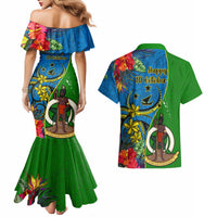 Vanuatu Malampa Day Couples Matching Mermaid Dress and Hawaiian Shirt Coat Of Arms Mix Tropical Flowers LT14 - Polynesian Pride