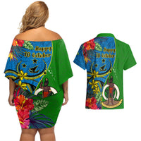 Vanuatu Malampa Day Couples Matching Off Shoulder Short Dress and Hawaiian Shirt Coat Of Arms Mix Tropical Flowers LT14 - Polynesian Pride