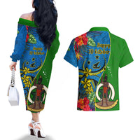 Vanuatu Malampa Day Couples Matching Off The Shoulder Long Sleeve Dress and Hawaiian Shirt Coat Of Arms Mix Tropical Flowers LT14 - Polynesian Pride
