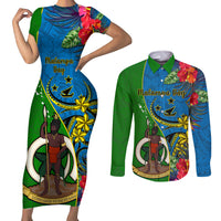 Vanuatu Malampa Day Couples Matching Short Sleeve Bodycon Dress and Long Sleeve Button Shirts Coat Of Arms Mix Tropical Flowers LT14 Green - Polynesian Pride