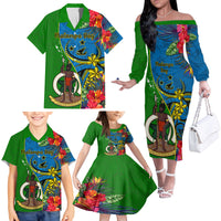 Vanuatu Malampa Day Family Matching Off Shoulder Long Sleeve Dress and Hawaiian Shirt Coat Of Arms Mix Tropical Flowers LT14 - Polynesian Pride