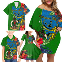 Vanuatu Malampa Day Family Matching Off Shoulder Short Dress and Hawaiian Shirt Coat Of Arms Mix Tropical Flowers LT14 - Polynesian Pride