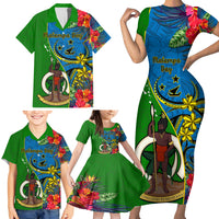 Vanuatu Malampa Day Family Matching Short Sleeve Bodycon Dress and Hawaiian Shirt Coat Of Arms Mix Tropical Flowers LT14 - Polynesian Pride