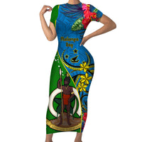 Vanuatu Malampa Day Short Sleeve Bodycon Dress Coat Of Arms Mix Tropical Flowers LT14 Long Dress Green - Polynesian Pride