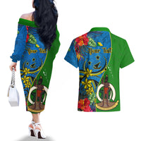 Personalised Vanuatu Malampa Day Couples Matching Off The Shoulder Long Sleeve Dress and Hawaiian Shirt Coat Of Arms Mix Tropical Flowers LT14 - Polynesian Pride