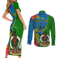 Personalised Vanuatu Malampa Day Couples Matching Short Sleeve Bodycon Dress and Long Sleeve Button Shirts Coat Of Arms Mix Tropical Flowers LT14 - Polynesian Pride
