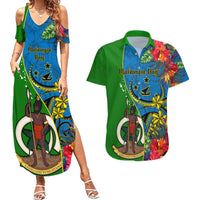 Personalised Vanuatu Malampa Day Couples Matching Summer Maxi Dress and Hawaiian Shirt Coat Of Arms Mix Tropical Flowers LT14 Green - Polynesian Pride