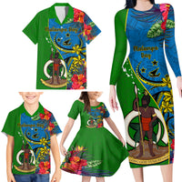 Personalised Vanuatu Malampa Day Family Matching Long Sleeve Bodycon Dress and Hawaiian Shirt Coat Of Arms Mix Tropical Flowers LT14 - Polynesian Pride