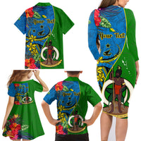 Personalised Vanuatu Malampa Day Family Matching Long Sleeve Bodycon Dress and Hawaiian Shirt Coat Of Arms Mix Tropical Flowers LT14 - Polynesian Pride