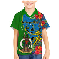 Personalised Vanuatu Malampa Day Family Matching Mermaid Dress and Hawaiian Shirt Coat Of Arms Mix Tropical Flowers LT14 Son's Shirt Green - Polynesian Pride