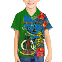 Personalised Vanuatu Malampa Day Family Matching Short Sleeve Bodycon Dress and Hawaiian Shirt Coat Of Arms Mix Tropical Flowers LT14 Son's Shirt Green - Polynesian Pride