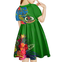 Personalised Vanuatu Malampa Day Kid Short Sleeve Dress Coat Of Arms Mix Tropical Flowers LT14 - Polynesian Pride