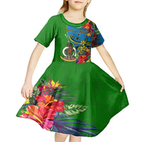 Personalised Vanuatu Malampa Day Kid Short Sleeve Dress Coat Of Arms Mix Tropical Flowers LT14 - Polynesian Pride