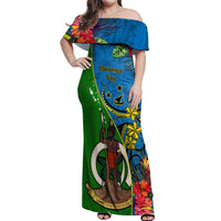 Personalised Vanuatu Malampa Day Off Shoulder Maxi Dress Coat Of Arms Mix Tropical Flowers LT14 Women Green - Polynesian Pride