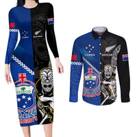 New Zealand And Samoa Rugby Couples Matching Long Sleeve Bodycon Dress and Long Sleeve Button Shirts All Black Tiki Fern Mix Manu Samoa 2023 World Cup LT14 Black - Polynesian Pride