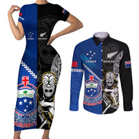 New Zealand And Samoa Rugby Couples Matching Short Sleeve Bodycon Dress and Long Sleeve Button Shirts All Black Tiki Fern Mix Manu Samoa 2023 World Cup LT14 Black - Polynesian Pride