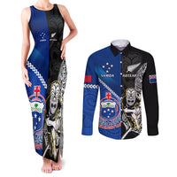 New Zealand And Samoa Rugby Couples Matching Tank Maxi Dress and Long Sleeve Button Shirts All Black Tiki Fern Mix Manu Samoa 2023 World Cup LT14 Black - Polynesian Pride