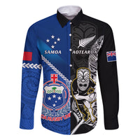 New Zealand And Samoa Rugby Family Matching Off Shoulder Short Dress and Hawaiian Shirt All Black Tiki Fern Mix Manu Samoa 2023 World Cup LT14 Dad's Shirt - Long Sleeve Black - Polynesian Pride