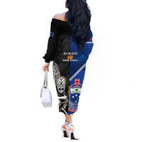 New Zealand And Samoa Rugby Off The Shoulder Long Sleeve Dress All Black Tiki Fern Mix Manu Samoa 2023 World Cup LT14 - Polynesian Pride