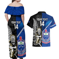 Custom New Zealand And Samoa Rugby Couples Matching Off Shoulder Maxi Dress and Hawaiian Shirt All Black Tiki Fern Mix Manu Samoa 2023 World Cup LT14 - Polynesian Pride