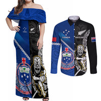 Custom New Zealand And Samoa Rugby Couples Matching Off Shoulder Maxi Dress and Long Sleeve Button Shirts All Black Tiki Fern Mix Manu Samoa 2023 World Cup LT14 Black - Polynesian Pride