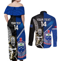 Custom New Zealand And Samoa Rugby Couples Matching Off Shoulder Maxi Dress and Long Sleeve Button Shirts All Black Tiki Fern Mix Manu Samoa 2023 World Cup LT14 - Polynesian Pride