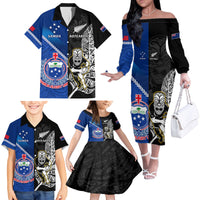 Custom New Zealand And Samoa Rugby Family Matching Off Shoulder Long Sleeve Dress and Hawaiian Shirt All Black Tiki Fern Mix Manu Samoa 2023 World Cup LT14 - Polynesian Pride
