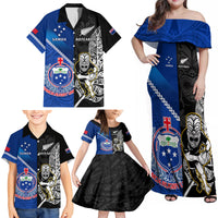 Custom New Zealand And Samoa Rugby Family Matching Off Shoulder Maxi Dress and Hawaiian Shirt All Black Tiki Fern Mix Manu Samoa 2023 World Cup LT14 - Polynesian Pride