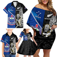 Custom New Zealand And Samoa Rugby Family Matching Off Shoulder Short Dress and Hawaiian Shirt All Black Tiki Fern Mix Manu Samoa 2023 World Cup LT14 - Polynesian Pride