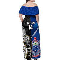 Custom New Zealand And Samoa Rugby Off Shoulder Maxi Dress All Black Tiki Fern Mix Manu Samoa 2023 World Cup LT14 - Polynesian Pride