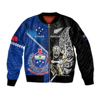 Custom New Zealand And Samoa Rugby Sleeve Zip Bomber Jacket All Black Tiki Fern Mix Manu Samoa 2023 World Cup LT14 Unisex Black - Polynesian Pride
