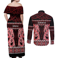 Kia Ora New Zealand Couples Matching Off Shoulder Maxi Dress and Long Sleeve Button Shirt Maori Language Week Whero Taniko Motif LT14 - Polynesian Pride