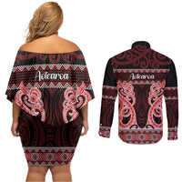 Kia Ora New Zealand Couples Matching Off Shoulder Short Dress and Long Sleeve Button Shirt Maori Language Week Whero Taniko Motif LT14 - Polynesian Pride