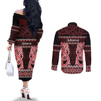 Kia Ora New Zealand Couples Matching Off The Shoulder Long Sleeve Dress and Long Sleeve Button Shirt Maori Language Week Whero Taniko Motif LT14 - Polynesian Pride
