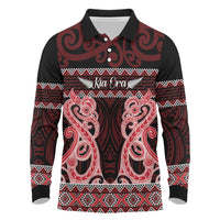 Kia Ora New Zealand Long Sleeve Polo Shirt Maori Language Week Whero Taniko Motif LT14 Red - Polynesian Pride