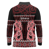 Kia Ora New Zealand Long Sleeve Polo Shirt Maori Language Week Whero Taniko Motif LT14 - Polynesian Pride