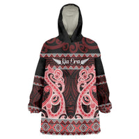 Kia Ora New Zealand Wearable Blanket Hoodie Maori Language Week Whero Taniko Motif LT14 One Size Red - Polynesian Pride