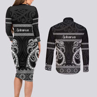 Kia Ora New Zealand Couples Matching Long Sleeve Bodycon Dress and Long Sleeve Button Shirt Maori Language Week Pango Taniko Motif LT14 - Polynesian Pride