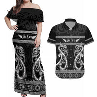 Kia Ora New Zealand Couples Matching Off Shoulder Maxi Dress and Hawaiian Shirt Maori Language Week Pango Taniko Motif LT14 Black - Polynesian Pride