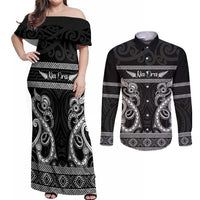 Kia Ora New Zealand Couples Matching Off Shoulder Maxi Dress and Long Sleeve Button Shirt Maori Language Week Pango Taniko Motif LT14 Black - Polynesian Pride